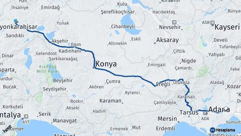 Afyonkarahisar Ceyhan Adana Arası Kaç Km - Yol Haritası