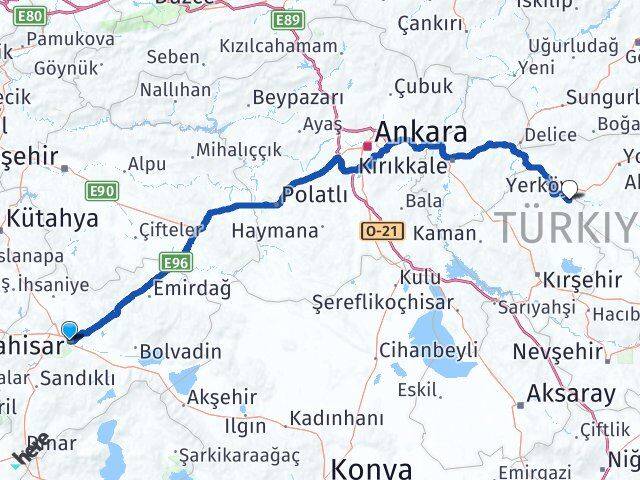 Afyonkarahisar Çiçekdağı Kırşehir Arası Kaç Km - Yol Haritası
