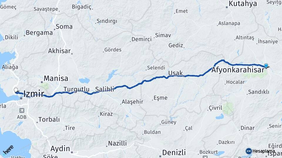 Afyonkarahisar Çiğli İzmir Arası Kaç Km - Yol Haritası