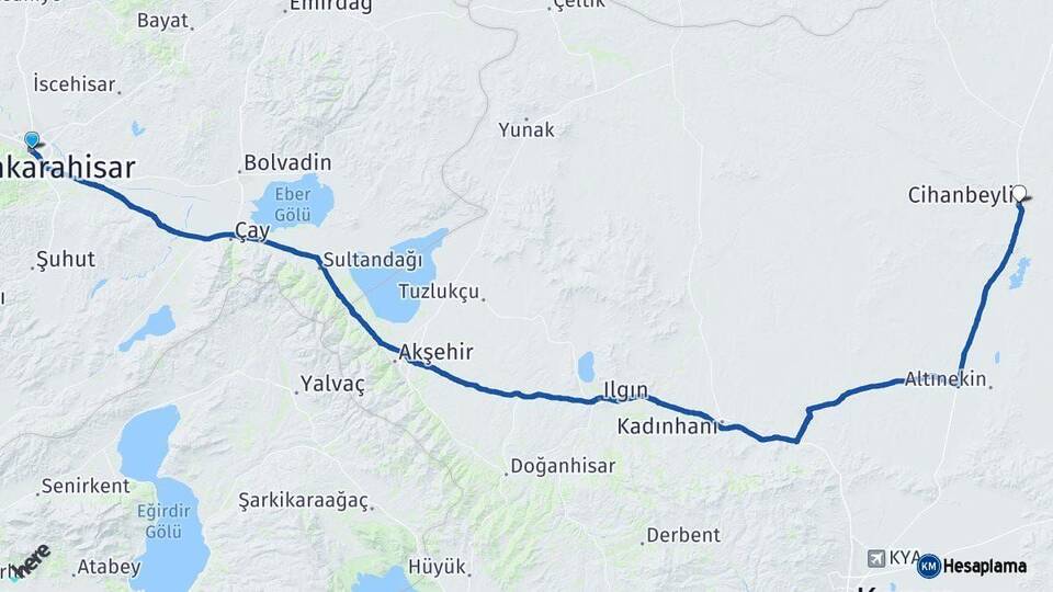 Afyonkarahisar Cihanbeyli Konya Arası Kaç Km - Yol Haritası