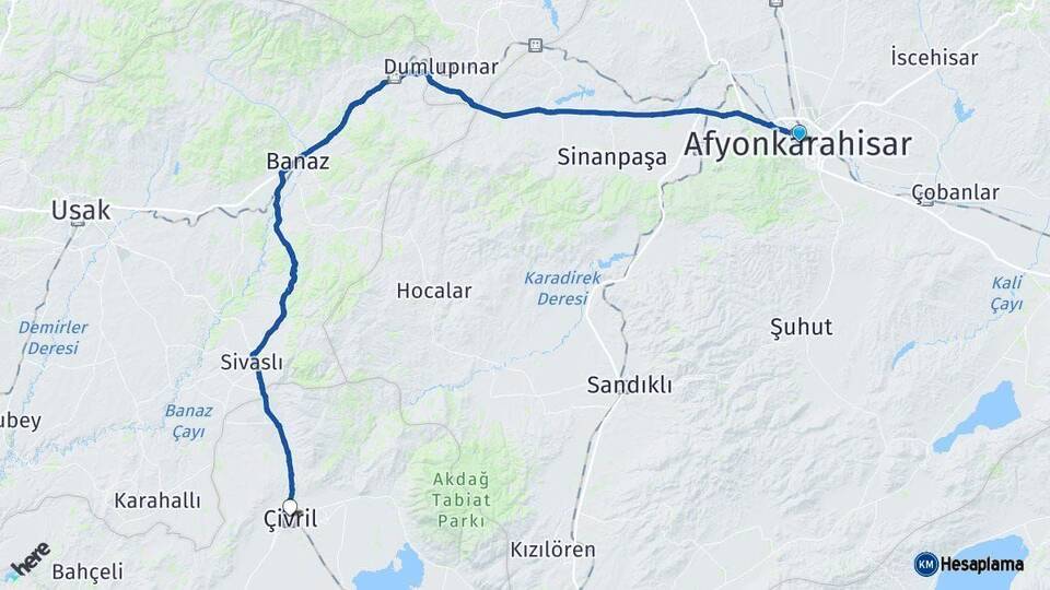 Afyonkarahisar Çivril Denizli Arası Kaç Km - Yol Haritası