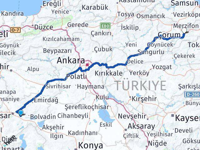 Afyonkarahisar Çobanlar Amasya Arası Kaç Km - Yol Haritası