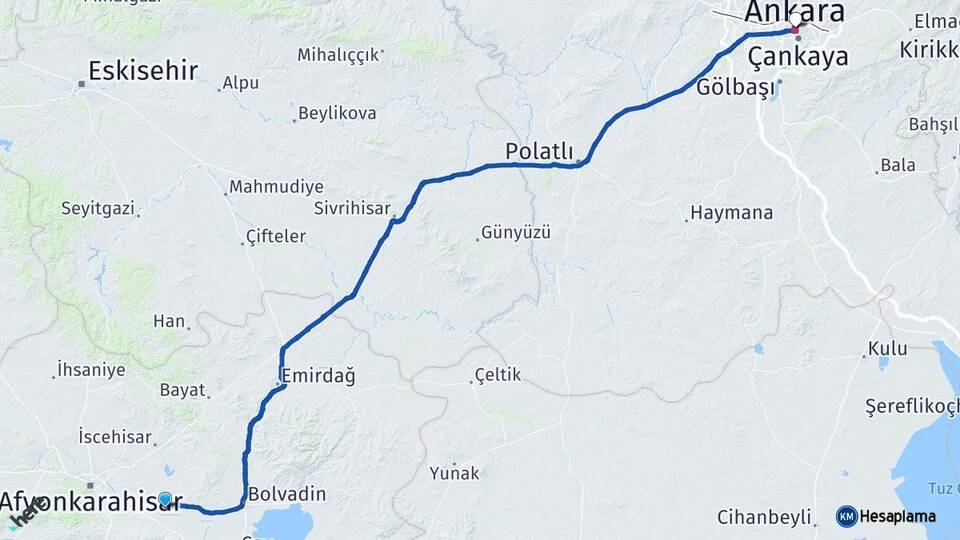 Afyonkarahisar Çobanlar Ankara Arası Kaç Km - Yol Haritası
