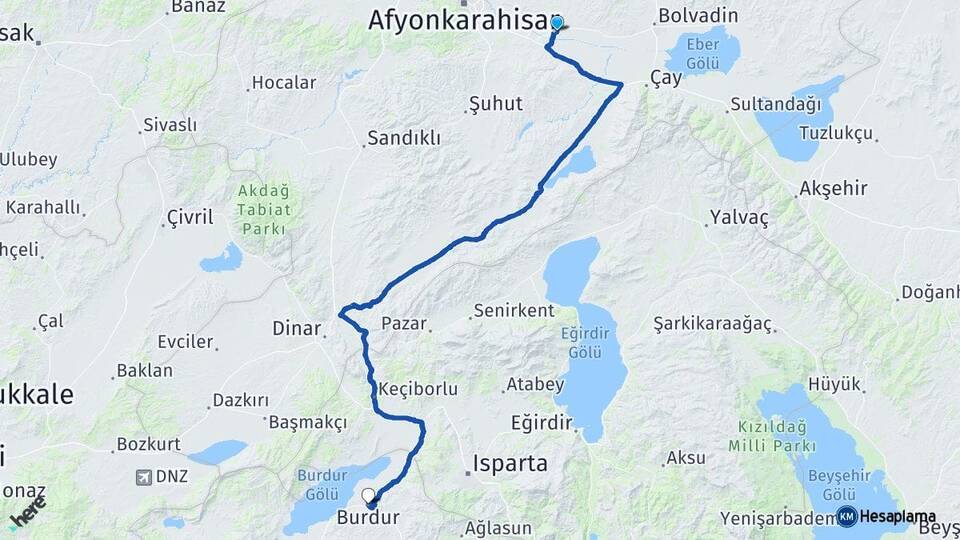 Afyonkarahisar Çobanlar Burdur Arası Kaç Km - Yol Haritası