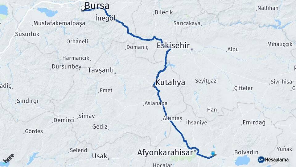 Afyonkarahisar Çobanlar Bursa Arası Kaç Km - Yol Haritası