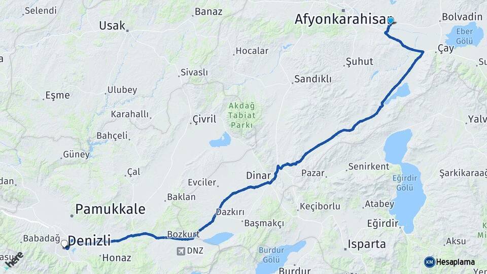 Afyonkarahisar Çobanlar Denizli Arası Kaç Km - Yol Haritası