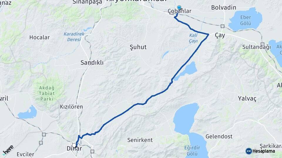 Afyonkarahisar Çobanlar Dinar Arası Kaç Km - Yol Haritası