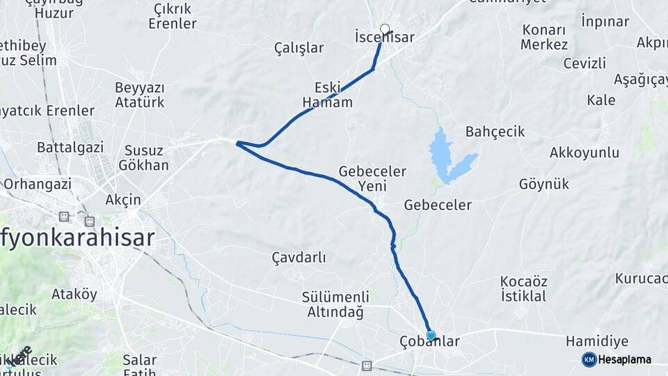 Afyonkarahisar Çobanlar İscehisar Arası Kaç Km - Yol Haritası