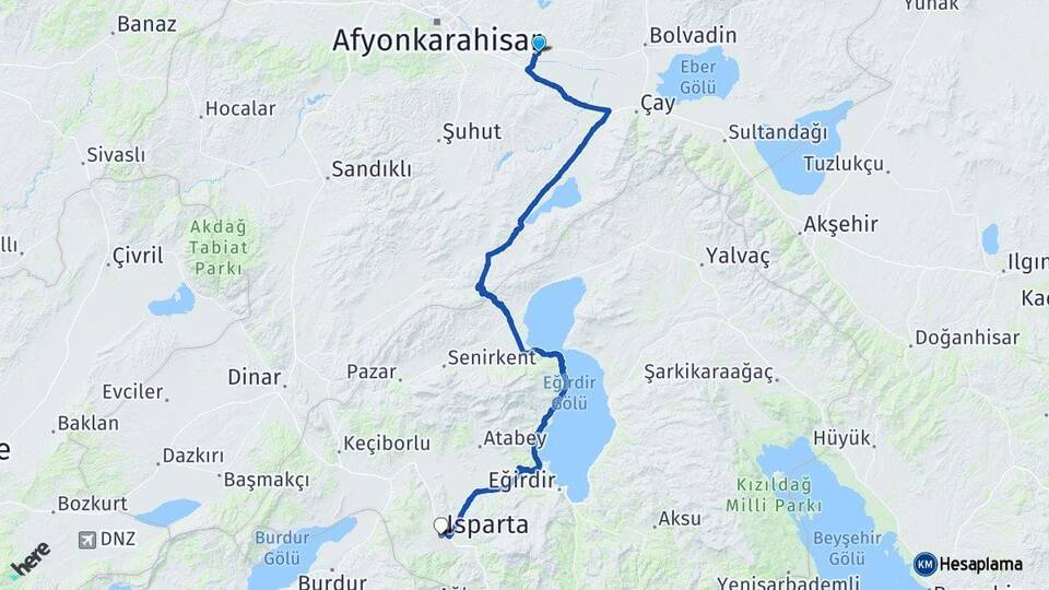 Afyonkarahisar Çobanlar Isparta Arası Kaç Km - Yol Haritası
