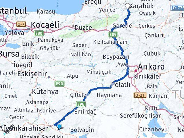 Afyonkarahisar Çobanlar Karabük Arası Kaç Km - Yol Haritası