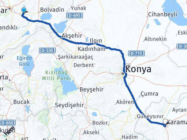 Afyonkarahisar Çobanlar Karaman Arası Kaç Km - Yol Haritası