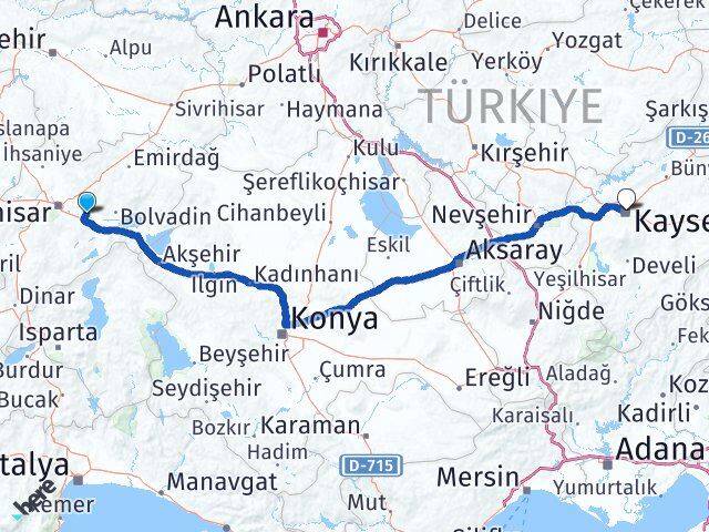 Afyonkarahisar Çobanlar Kayseri Arası Kaç Km - Yol Haritası
