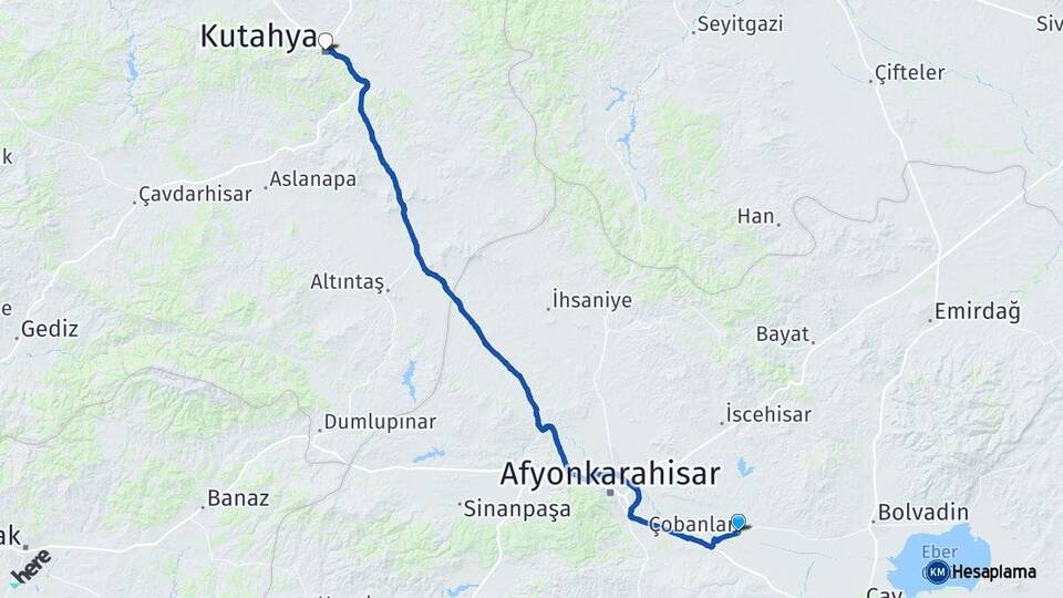 Afyonkarahisar Çobanlar Kütahya Arası Kaç Km - Yol Haritası