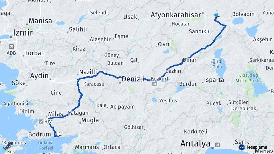 Afyonkarahisar Çobanlar Ören Milas Muğla Arası Kaç Km - Yol Haritası