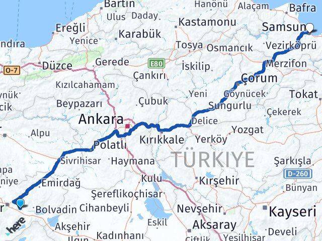 Afyonkarahisar Çobanlar Samsun Arası Kaç Km - Yol Haritası