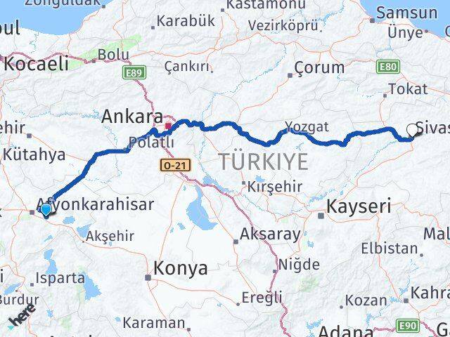 Afyonkarahisar Çobanlar Sivas Arası Kaç Km - Yol Haritası