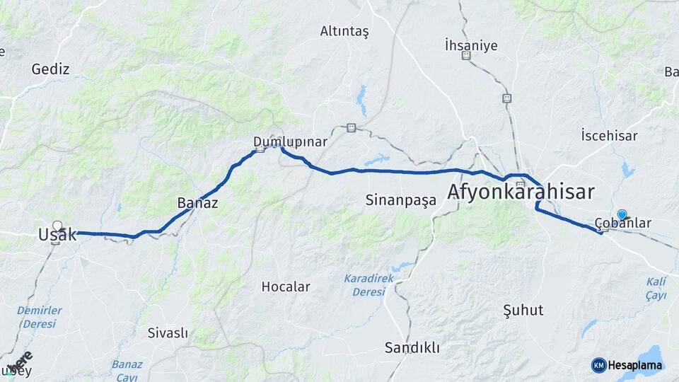 Afyonkarahisar Çobanlar Uşak Arası Kaç Km - Yol Haritası