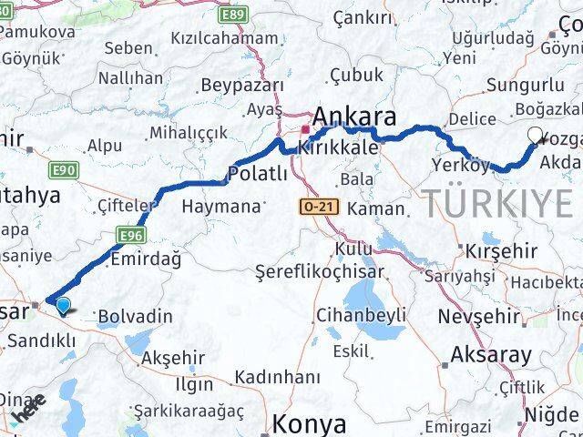 Afyonkarahisar Çobanlar Yozgat Arası Kaç Km - Yol Haritası