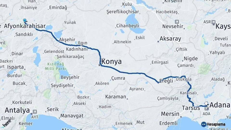 Afyonkarahisar Çukurova Arası Kaç Km - Yol Tarifi