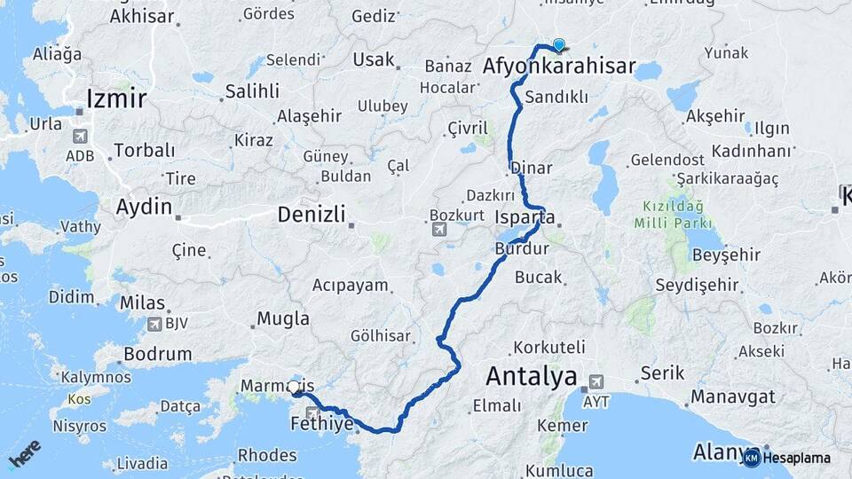 Afyonkarahisar Dalyan Ortaca Muğla Arası Kaç Km - Yol Haritası
