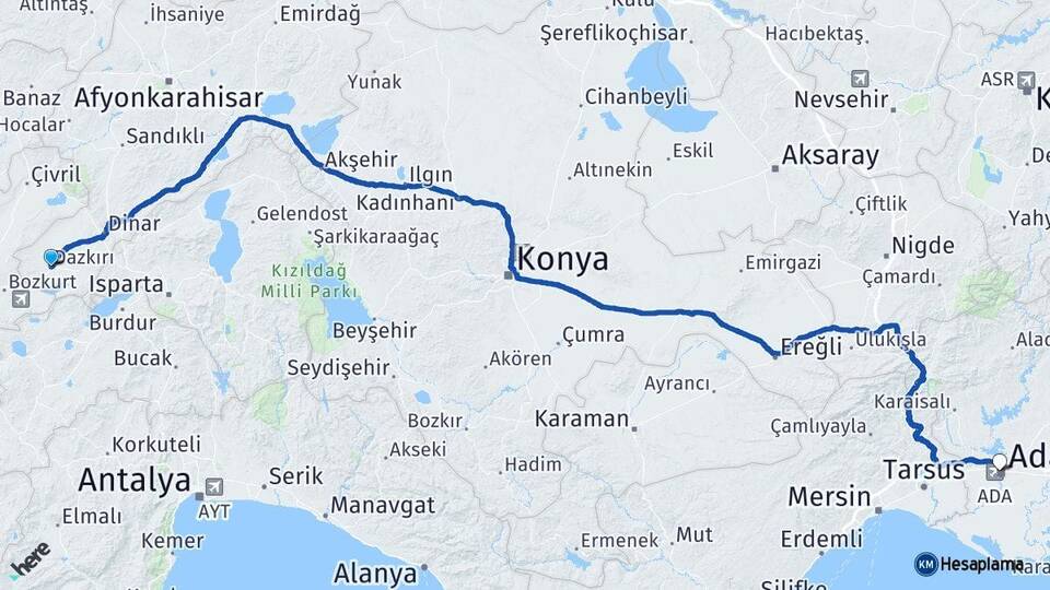 Afyonkarahisar Dazkırı Adana Arası Kaç Km - Yol Haritası