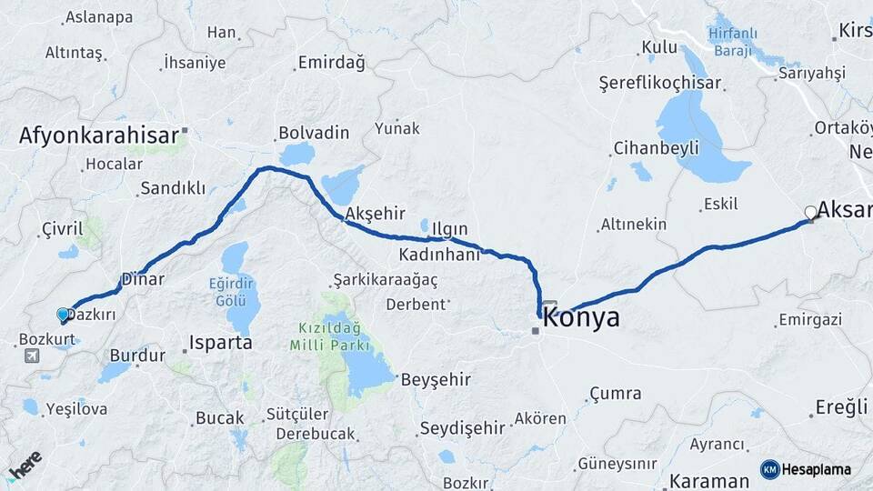 Afyonkarahisar Dazkırı Aksaray Arası Kaç Km - Yol Haritası