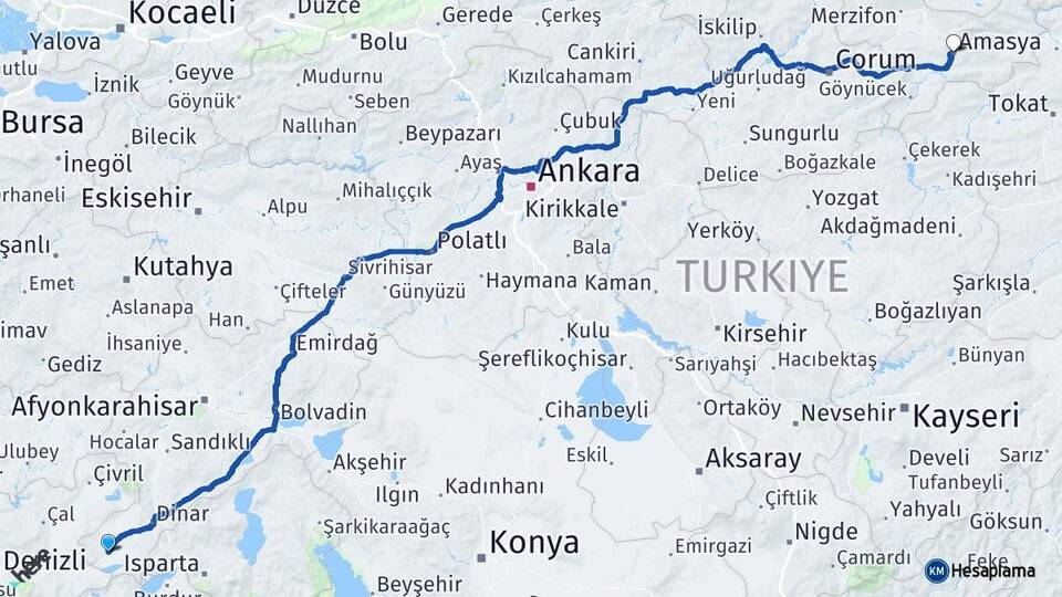 Afyonkarahisar Dazkırı Amasya Arası Kaç Km - Yol Haritası