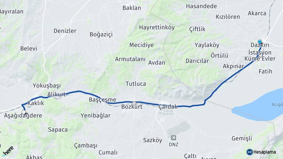 Afyonkarahisar Dazkırı Aşağıdağdere Honaz Denizli Arası Kaç Km - Yol Haritası