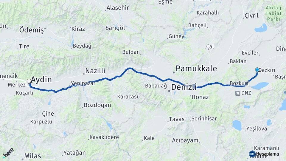 Afyonkarahisar Dazkırı Aydın Arası Kaç Km - Yol Haritası
