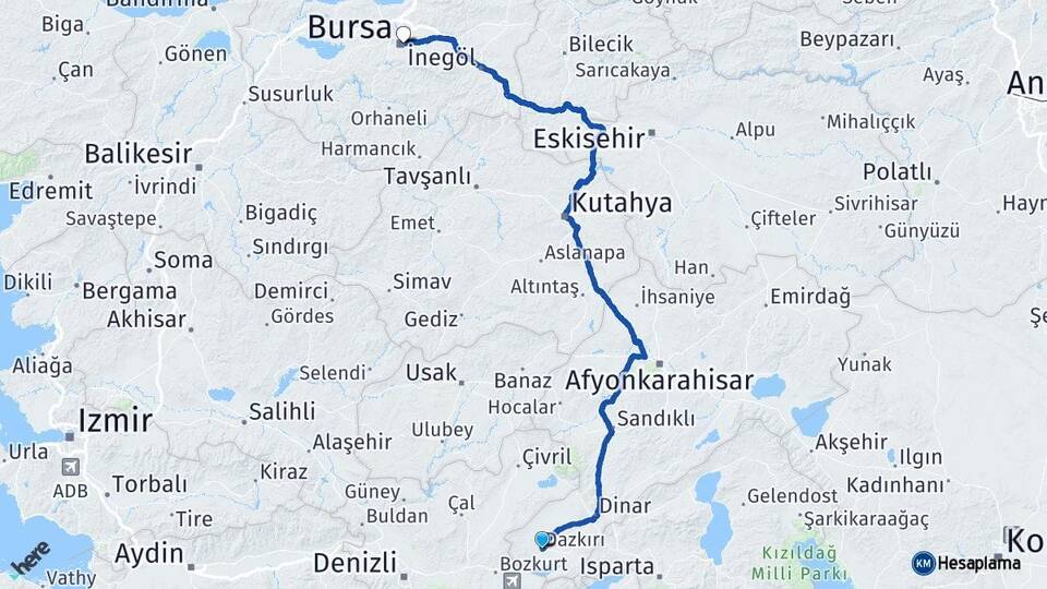 Afyonkarahisar Dazkırı Bursa Arası Kaç Km - Yol Haritası