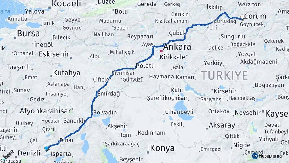 Afyonkarahisar Dazkırı Çorum Arası Kaç Km - Yol Haritası