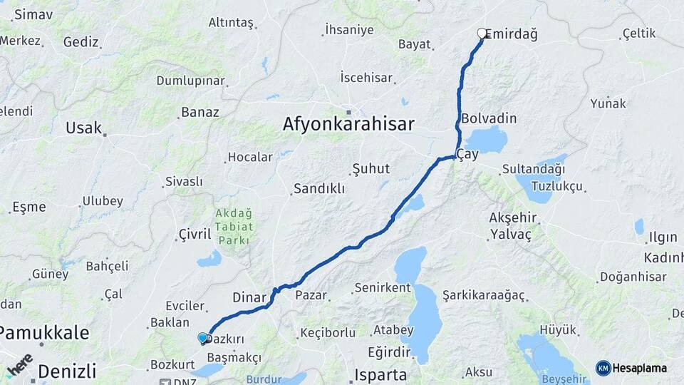 Afyonkarahisar Dazkırı Emirdağ Arası Kaç Km - Yol Haritası