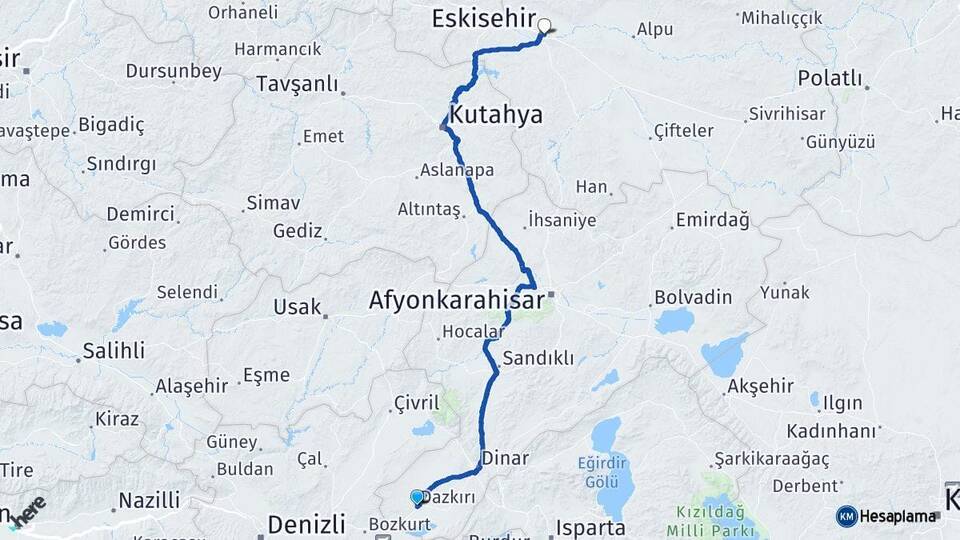 Afyonkarahisar Dazkırı Eskişehir Arası Kaç Km - Yol Haritası