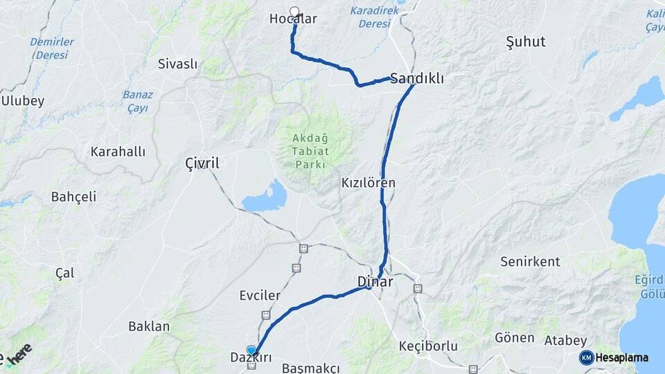 Afyonkarahisar Dazkırı Hocalar Arası Kaç Km - Yol Haritası