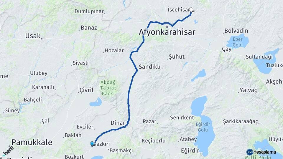 Afyonkarahisar Dazkırı İscehisar Arası Kaç Km - Yol Haritası