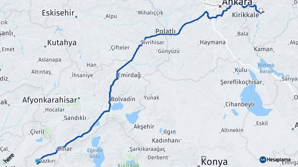 Afyonkarahisar Dazkırı Kırıkkale Arası Kaç Km - Yol Haritası