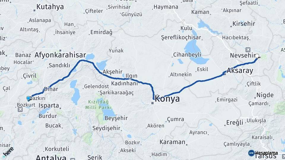 Afyonkarahisar Dazkırı Nevşehir Arası Kaç Km - Yol Haritası