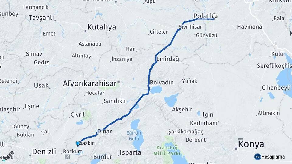 Afyonkarahisar Dazkırı Polatlı Ankara Arası Kaç Km - Yol Haritası