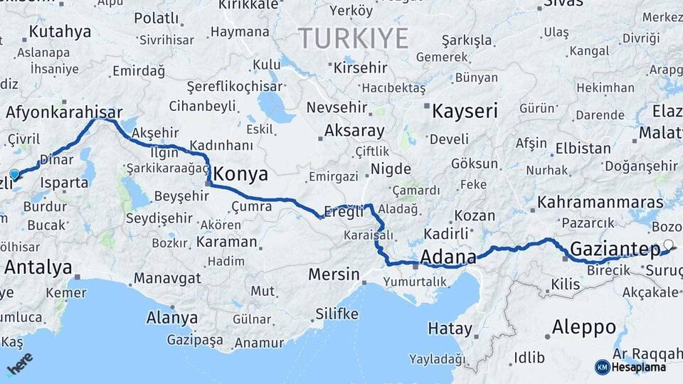 Afyonkarahisar Dazkırı Şanlıurfa Arası Kaç Km - Yol Haritası
