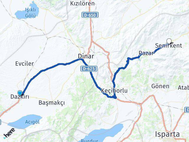 Afyonkarahisar Dazkırı Senirkent Isparta Arası Kaç Km - Yol Haritası