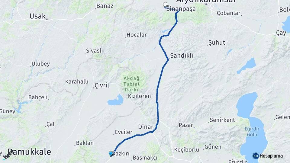 Afyonkarahisar Dazkırı Sinanpaşa Arası Kaç Km - Yol Haritası