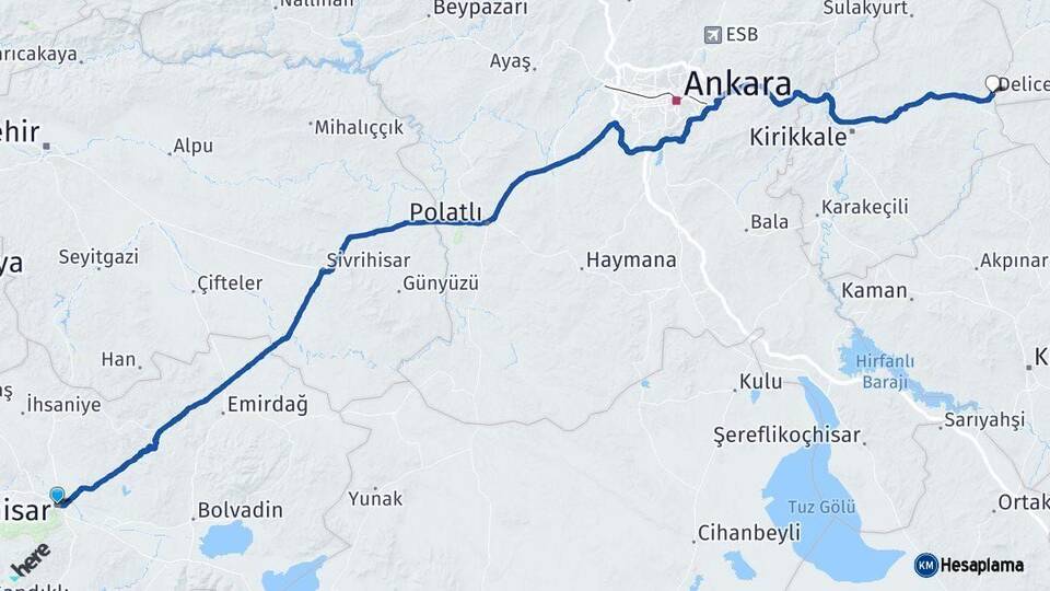 Afyonkarahisar Delice Kırıkkale Arası Kaç Km - Yol Haritası