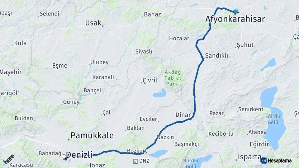 Afyonkarahisar Denizli Arası Kaç Km - Yol Haritası