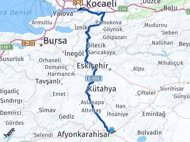 Afyonkarahisar Derince Kocaeli Arası Kaç Km - Yol Haritası