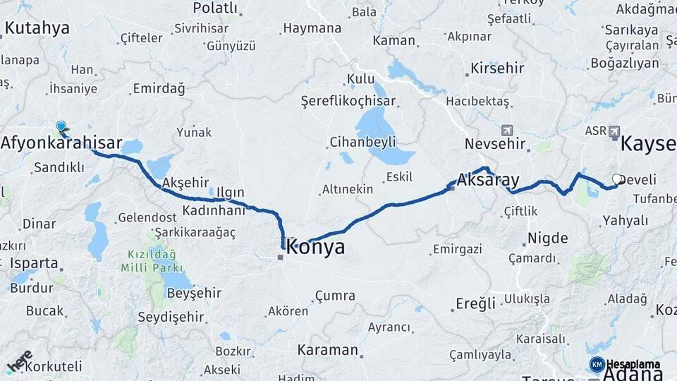 Afyonkarahisar Develi Kayseri Arası Kaç Km - Yol Haritası