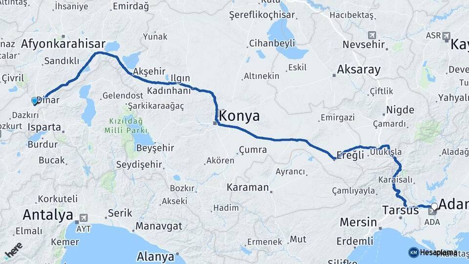 Afyonkarahisar Dinar Adana Arası Kaç Km - Yol Haritası