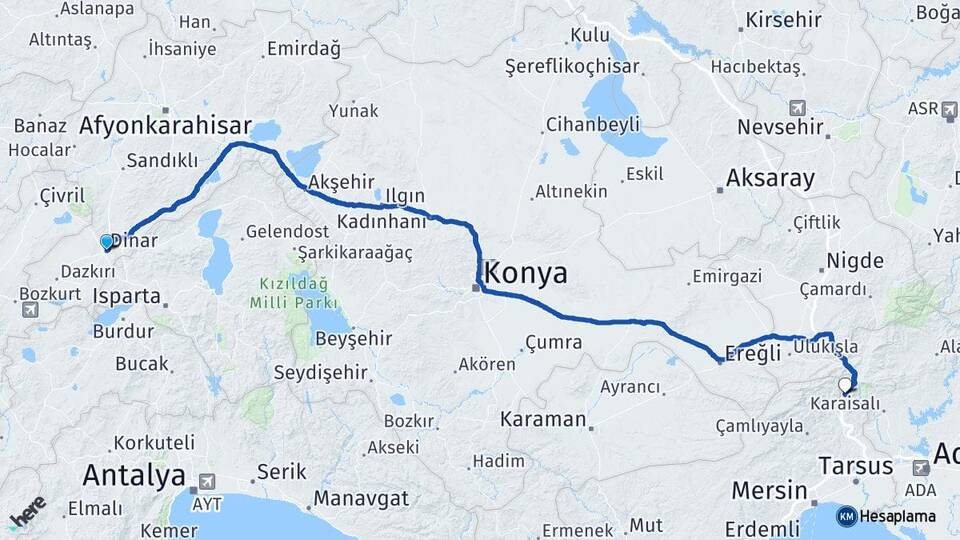 Afyonkarahisar Dinar Akçatekir Pozantı Adana Arası Kaç Km - Yol Haritası