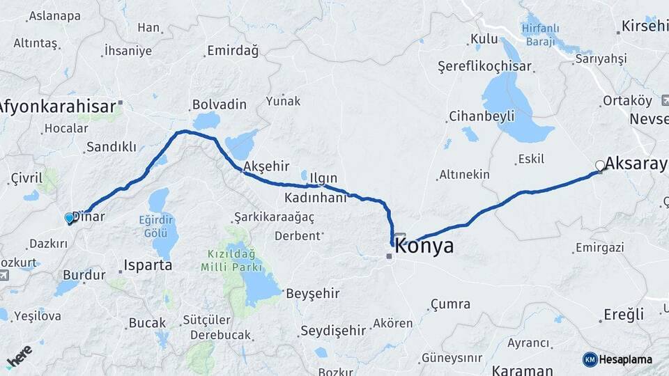 Afyonkarahisar Dinar Aksaray Arası Kaç Km - Yol Haritası