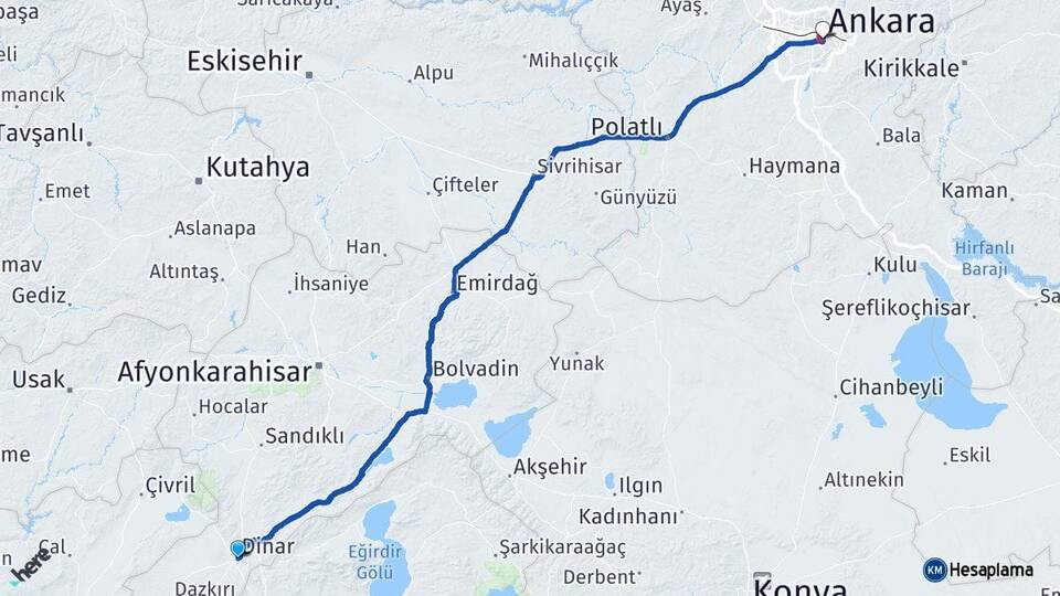 Afyonkarahisar Dinar Ankara Arası Kaç Km - Yol Haritası