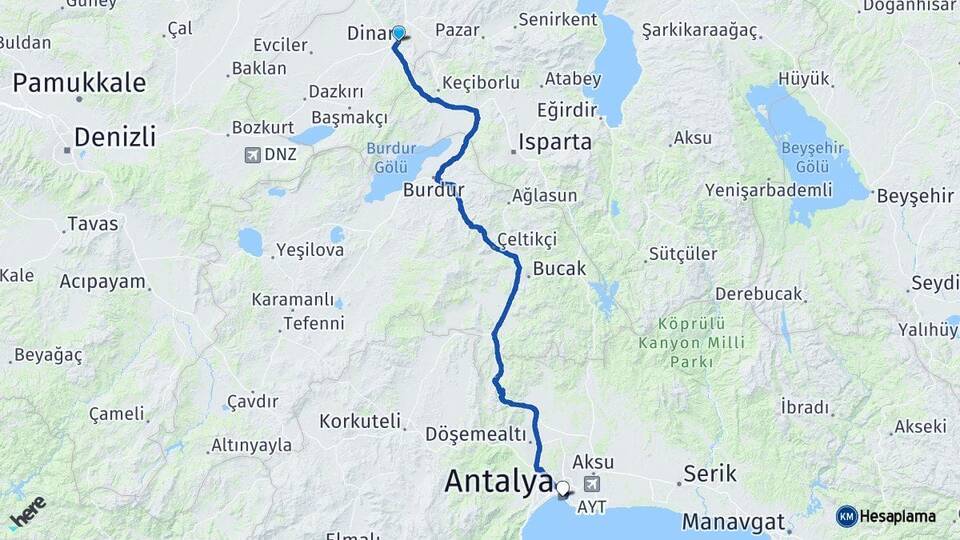 Afyonkarahisar Dinar Antalya Arası Kaç Km - Yol Haritası